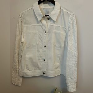 Design History Button up Jacket. White. Cotton. Medium. Eyelet Floral Sleeves